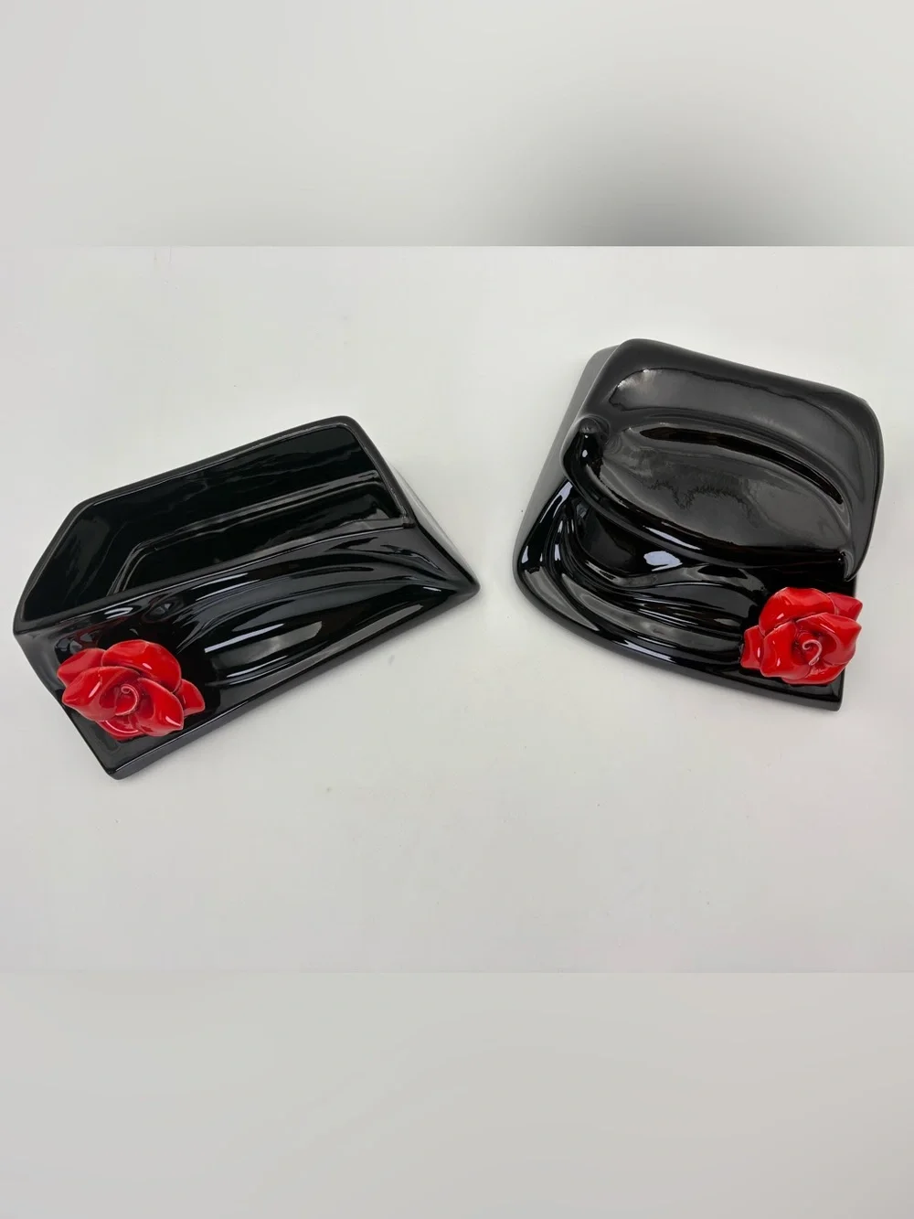 Art Deco Style Black Ceramic and Red Rose Lidded Box and Open Container